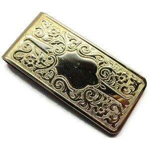 Calibri Gold Tone Floral Etched Monogramable Money Clip Stainless Steel Wallet